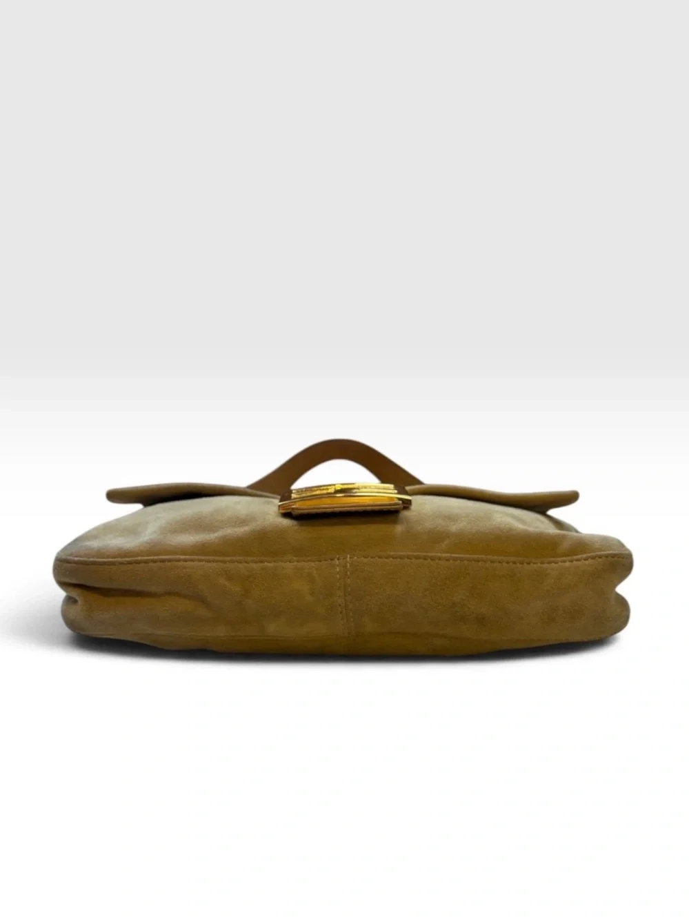 Fendi FF Logo Buttery Soft Camel Suede Baguette Bag Tan Gold